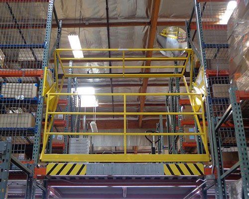 Rack supported pivot style mezzanine safety gate on a pick module